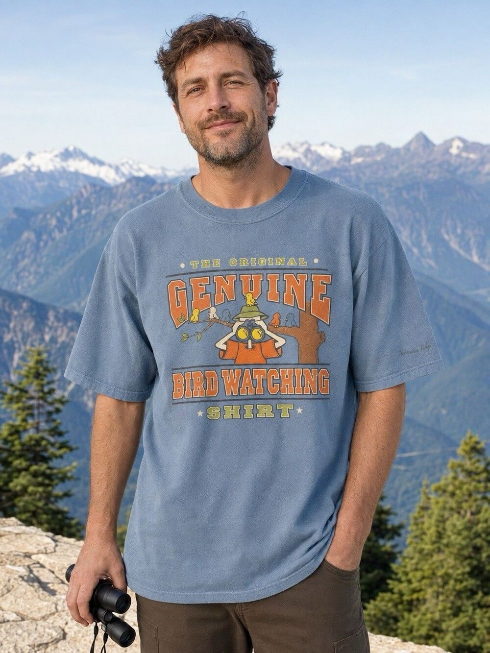 Hurricane Ridge Original Bird Watching Gildan T-Shirt Large Blue Graphic Tee